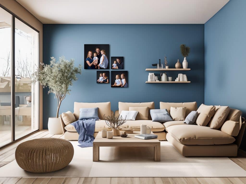 Salon lumineux avec portraits de famille encadrés au mur, tirages d'art de L'Instant [T] Studio